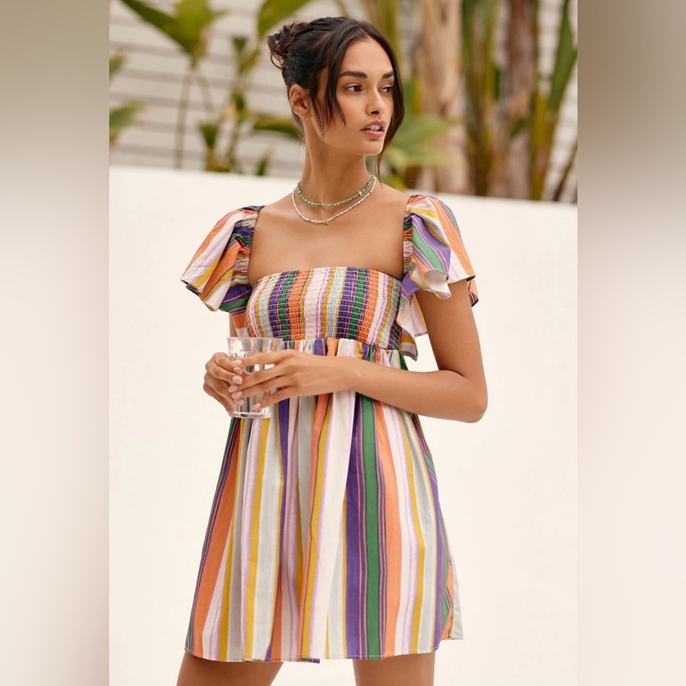NWOT size Small Anthropologie Striped Ruffle Sleeve Open Back Mini Dress